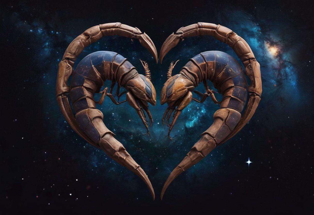 A moody yet warm depiction of two scorpions intertwined, surrounded by cosmic elements like stars and planets, symbolizing deep emotional connections. In the background, a subtle representation of a heart, with dark hues merging into light, representing trust and complexity in relationships. Include abstract patterns that evoke feelings of intimacy and strength. vibrant colors. super-realistic.