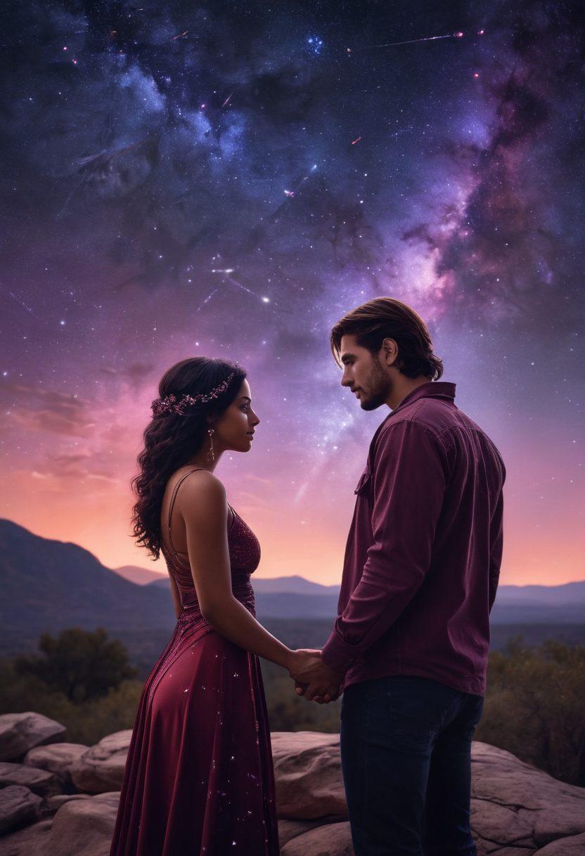 A captivating scene of two Scorpio couples sharing a deep, intimate conversation under a starlit sky, surrounded by glowing constellations representing Scorpio. Their expressions convey love and understanding, adorned with subtle astrological symbols. Soft, warm lighting creates a romantic atmosphere with accents of deep red and purple hues, emphasizing passion and depth. super-realistic. vibrant colors. night sky.